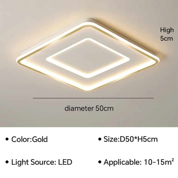 Geometric modern LED ceiling lamp in gold, size D50xH5cm, suitable for 10-15m² spaces.