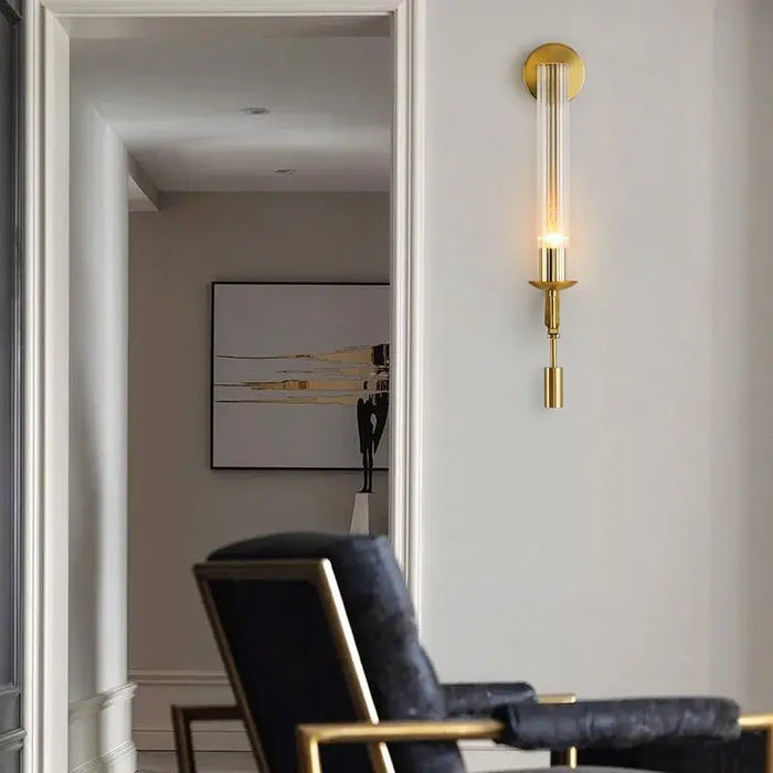 Retro Glass Wall Lamp in elegant gold, illuminating a modern living room with classic vintage style.