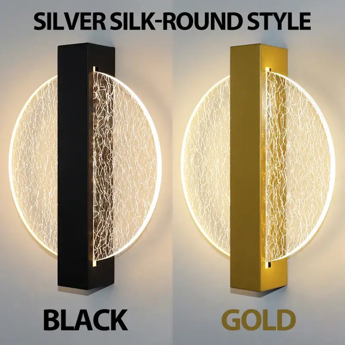 Black and gold silver silk round style LED wall lamps with luxurious design and modern Nordic aesthetic.