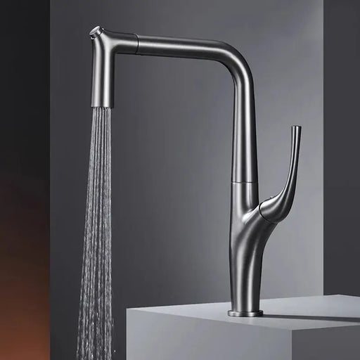 Innovative pull-out kitchen faucet with sleek brass design and powerful spray function for enhanced versatility