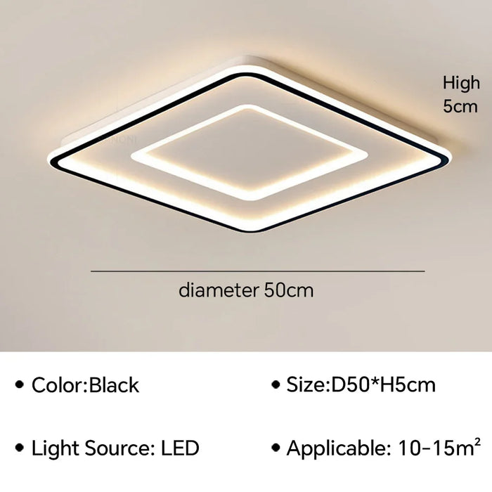 Geometric Modern LED Ceiling Lamp, black, 50cm diameter, 5cm height, LED light source, suitable for 10-15m² spaces.