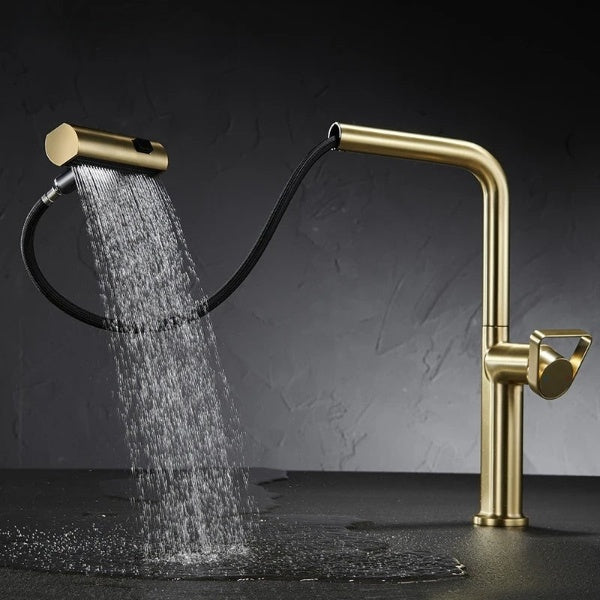 Brushed gold pull-out kitchen faucet with Raindance waterfall feature, high-quality brass, and retractable spout.