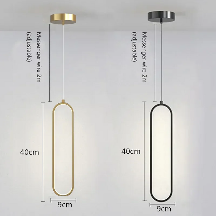 Luxurious black and gold LED pendant lights with adjustable hanging wires, modern minimalist design, ideal for stylish interiors.