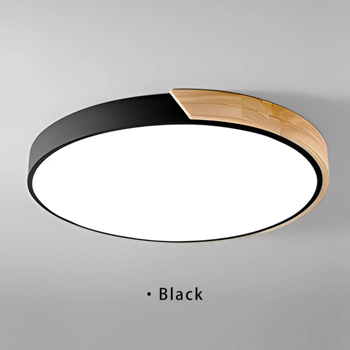 Modern round wooden LED ceiling light in black with frosted finish, perfect for enhancing contemporary room decor.