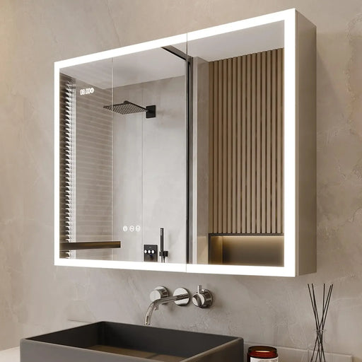 LED bathroom mirror cabinet with dimmable lighting, USB port, and built-in time and temperature display above a modern sink.