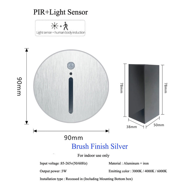 Brush finish silver PIR sensor step light with motion detection, ideal for staircases and corridors, durable aluminum construction