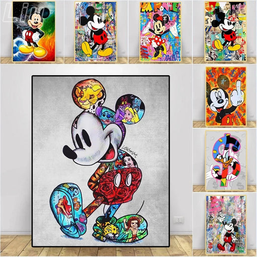 Graffiti-style Disney artwork featuring vibrant Mickey Mouse and other beloved characters on canvas prints.