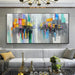 Modern oil painting of a vibrant cityscape on a living room wall, showcasing colorful and dynamic urban life.