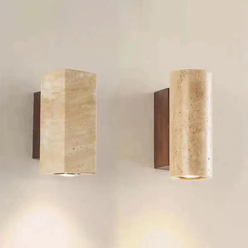 Yellow travertine geometric wall lights, showcasing a natural stone finish and contemporary design for interior decor.