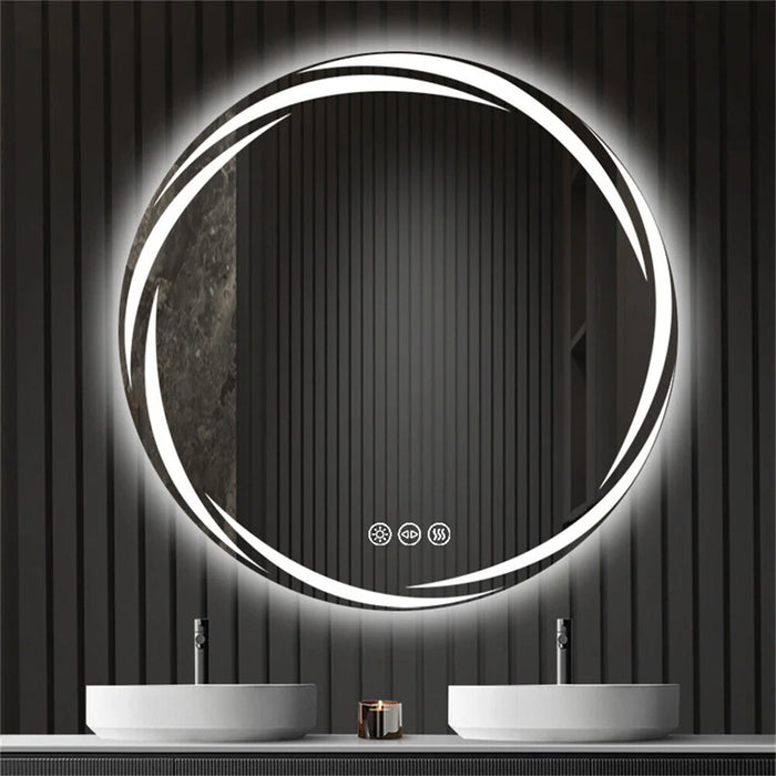 Round LED bathroom vanity mirror with adjustable lighting and touch sensor above double sinks, featuring sleek modern design.