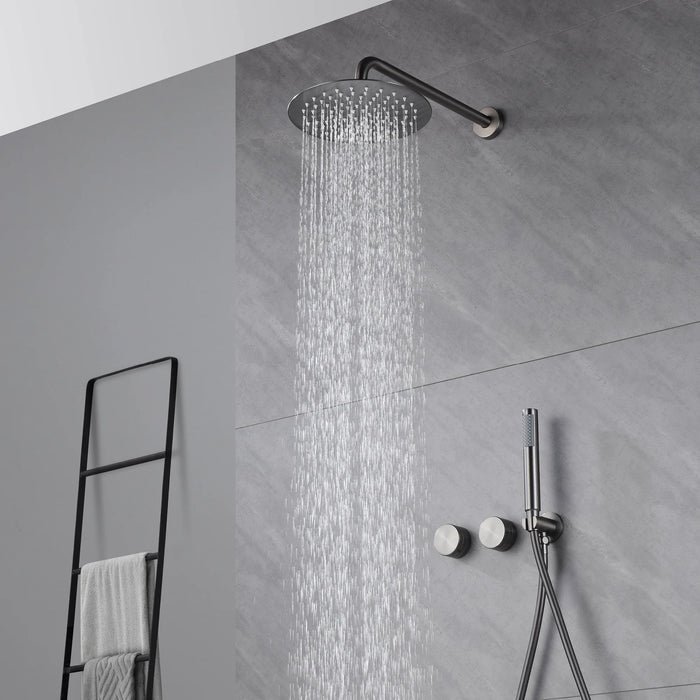 Luxury brass concealed shower system with dual handle control, featuring a polished finish and sleek, modern design.