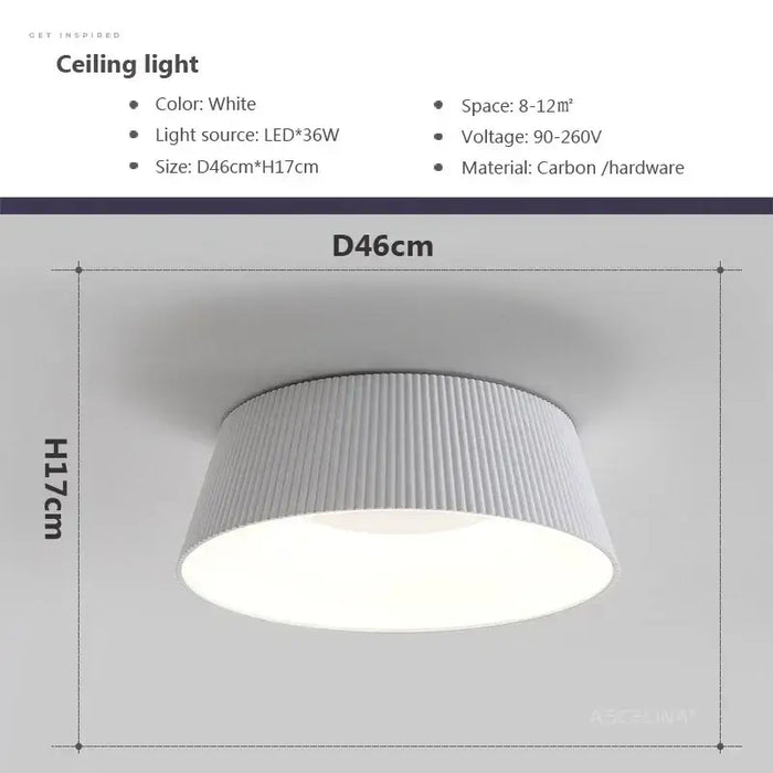 Modern white LED ceiling light with ribbed design, dimensions D46cm x H17cm, suitable for 8-12m² spaces, 36W power.