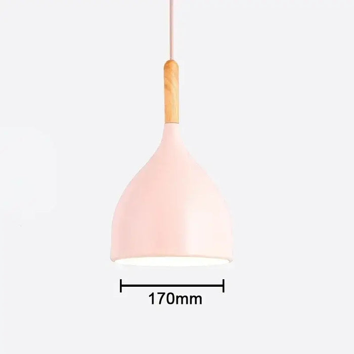 Nordic teardrop wood pendant light with pink aluminum shade and wooden handle, 170mm size, perfect for modern Scandinavian interiors.