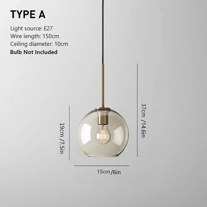 Industrial glass pendant lamp with translucent globe shade and brass accent, Type A specifications detailed, bulb not included.