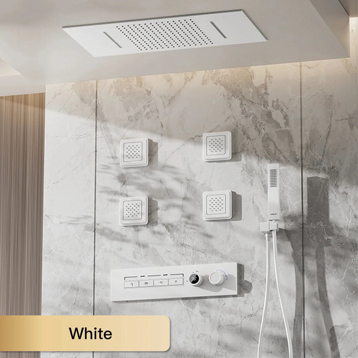 Luxury thermostatic shower system with LED and hydrotherapy jets on marble wall.