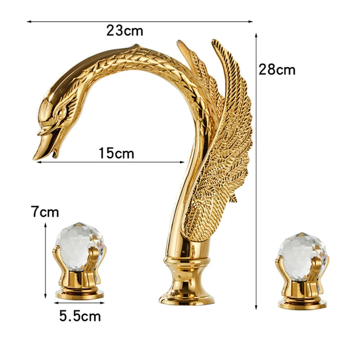 Luxury Swan Dual Crystal Handle Basin Mixer with gold finish and swan design, featuring dual crystal handles for hot and cold water control.