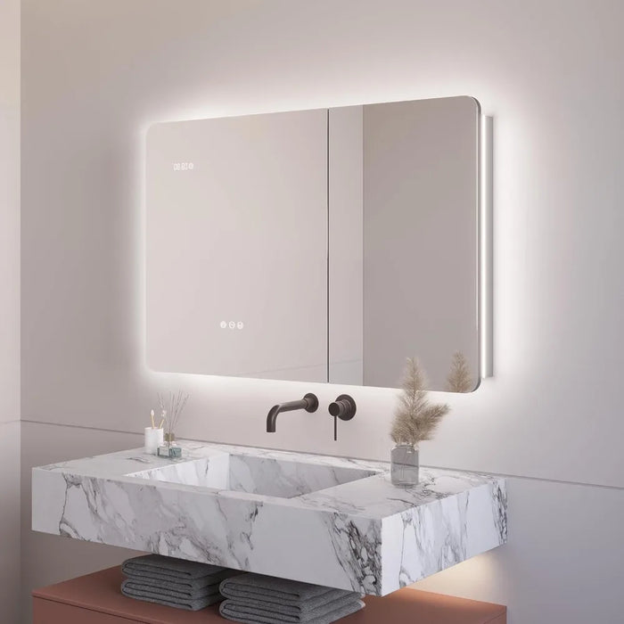 LED bathroom cabinet with adjustable lights, anti-fog feature, and inner mirror above modern marble sink.