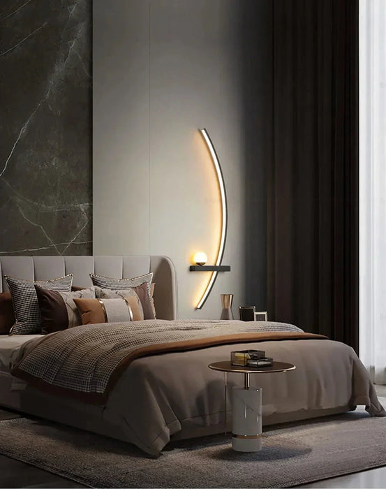 Elegant line wall light in a modern bedroom setting, showcasing stylish LED lighting and contemporary design.