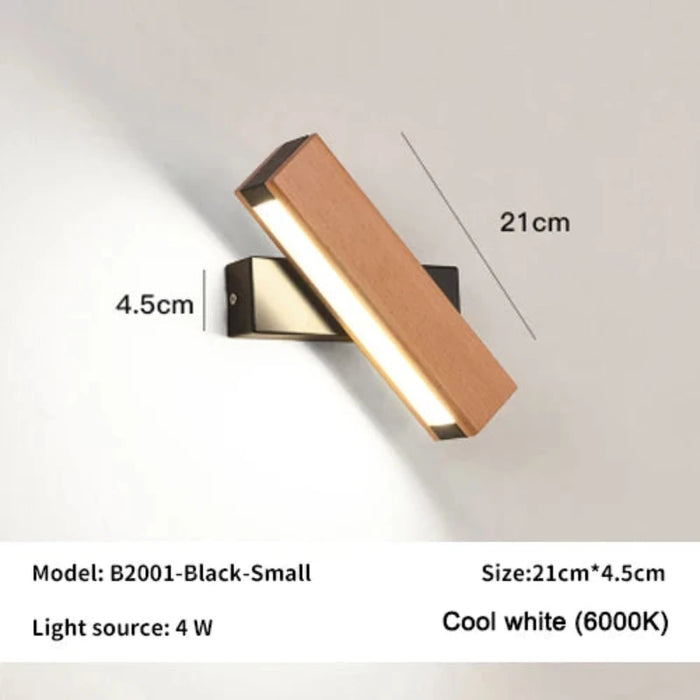 360° Rotatable LED Wall Lamp in natural wood finish, 21cm x 4.5cm size, model B2001-Black-Small, cool white light (6000K)