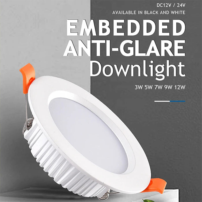 Embedded anti-glare downlight with multiple wattage options, features DC12V/24V, in black and white, ultra-thin design.