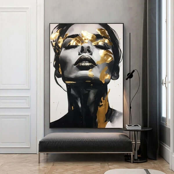 Elegant woman portrait canvas art with black and gold accents, adding luxury and modern allure to home interiors.