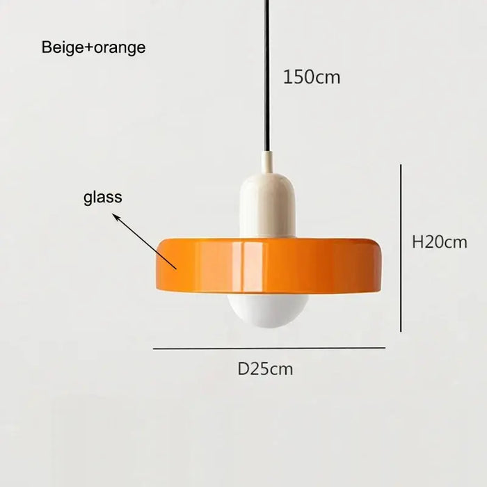 Retro glass pendant light with orange accent, dimensions labeled as 150cm cord, 20cm height, 25cm diameter, beige and orange design.