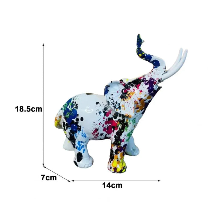 Colorful graffiti-style elephant statue with dimensions 18.5cm height, 14cm length, 7cm width, made from synthetic resin.