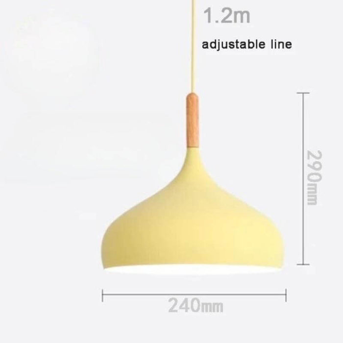 Nordic Teardrop Wood Pendant Light with adjustable 1.2m line, yellow aluminum shade, and wood accent, 240mm x 290mm dimensions.