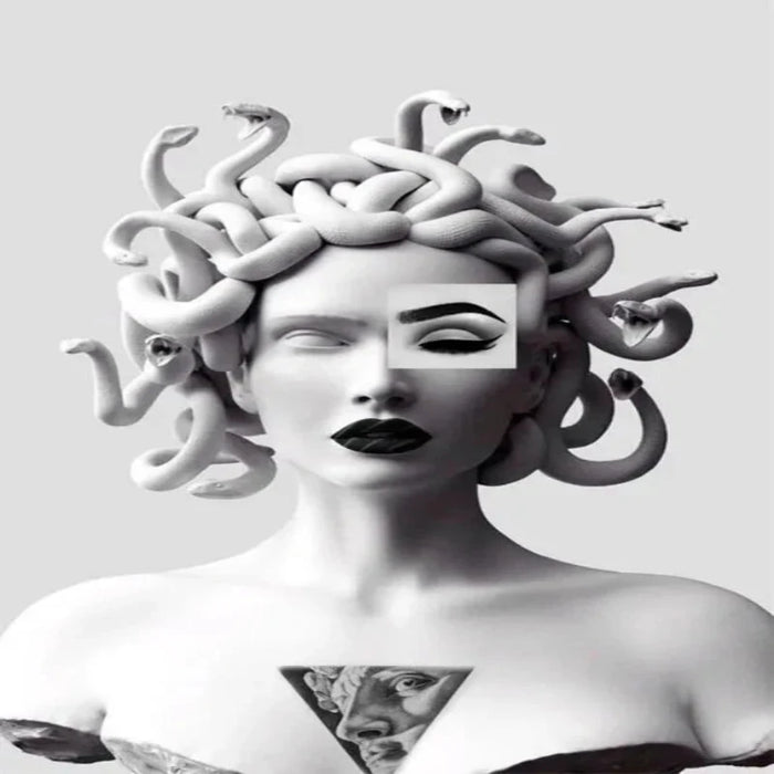 Emerald Medusa canvas art print with intricate Greek mythology-inspired design in grayscale.