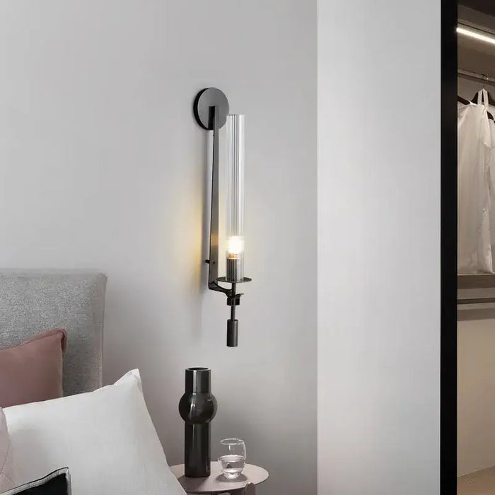 Retro Glass Wall Lamp in modern bedroom setting with elegant design, mounted above a table with decorative items.