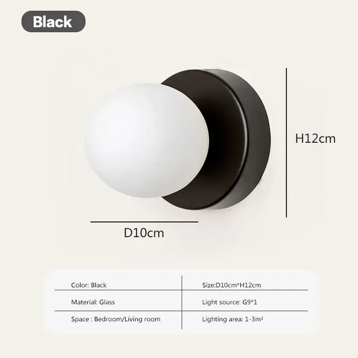 Black modern LED wall glass sconce with frosted globe, dimensions 10cm x 12cm. Ideal for small spaces. G9 bulb lighting.