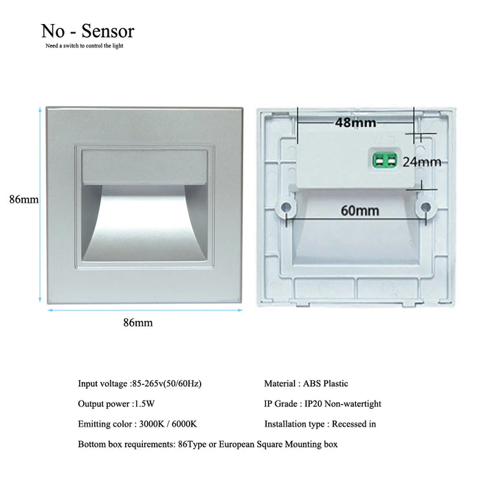 Recessed LED Stai light with ABS plastic casing, compatible with AC 85-265V, IP20 non-watertight, emitting 3000K or 6000K light.