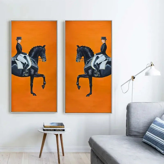 Orange Horse Racing Canvas Set with bold equestrian scene, two-piece artwork on orange background, premium canvas home decor.