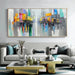 Modern "Vibrant Cityscape" oil painting with colorful urban motif in a stylish living room setting.