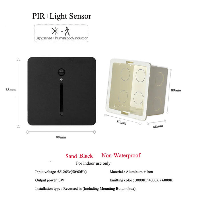 "PIR Sensor Step Light with dimensions and specifications, ideal for indoor use, sand black finish, non-waterproof, aluminum construction."