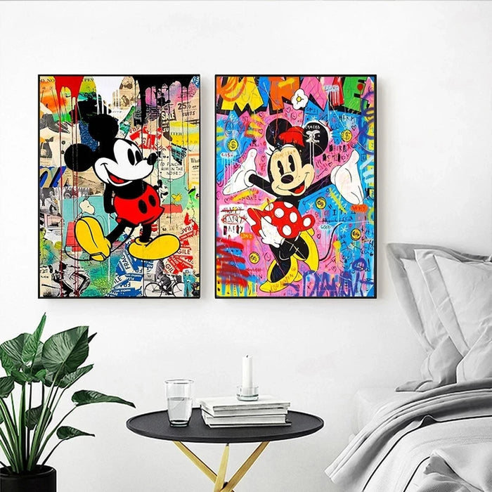 Graffiti art canvas prints of Mickey and Minnie Mouse in modern, colorful designs displayed in a contemporary living room.