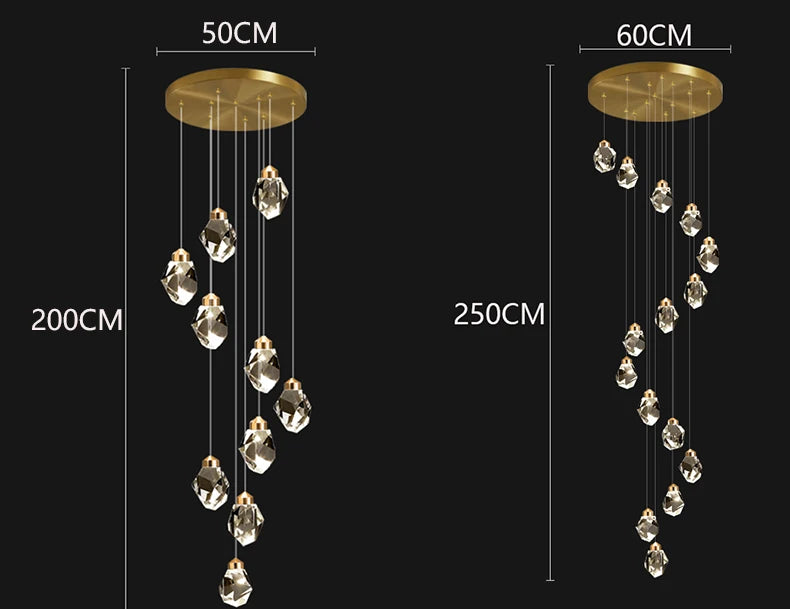 Crystal Dropping Stones Chandelier with cascading crystals and gold finish, available in two sizes: 50cm and 60cm diameter.