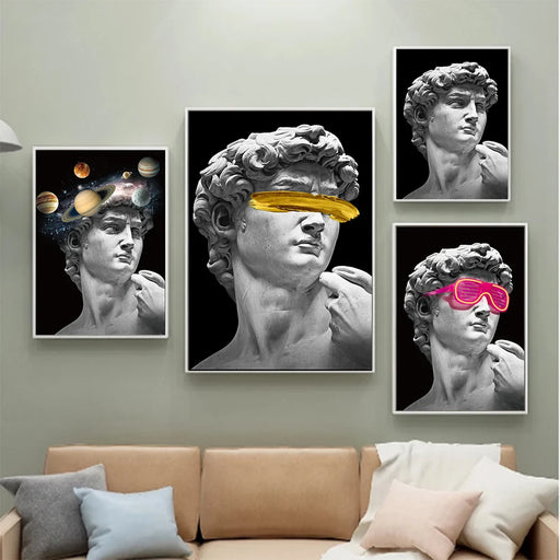 "Graffiti art of Michelangelo's David on canvas, featuring unique modern designs and vibrant colors, displayed on a living room wall."