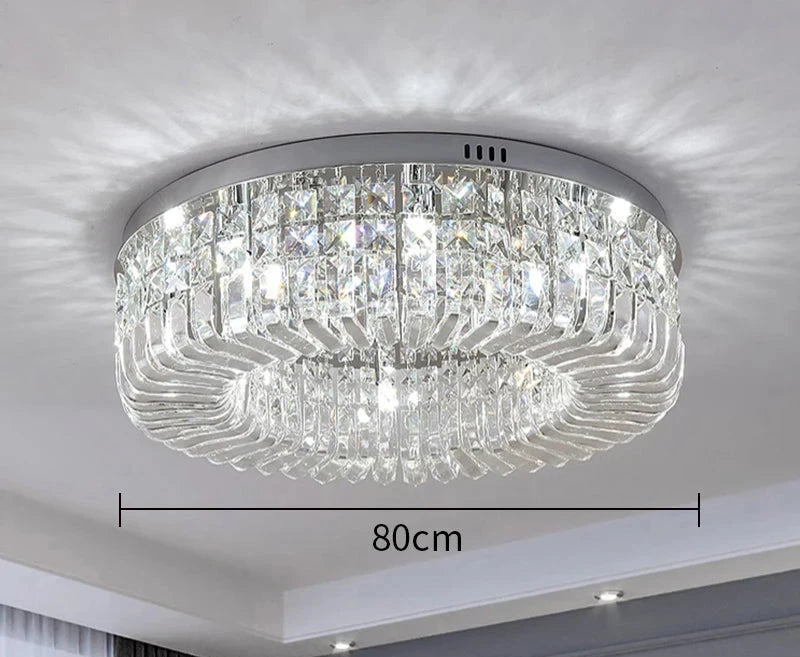 Luxury modern crystal round ceiling chandelier, 80cm diameter, elegant AC-powered lighting fixture with premium crystal design.