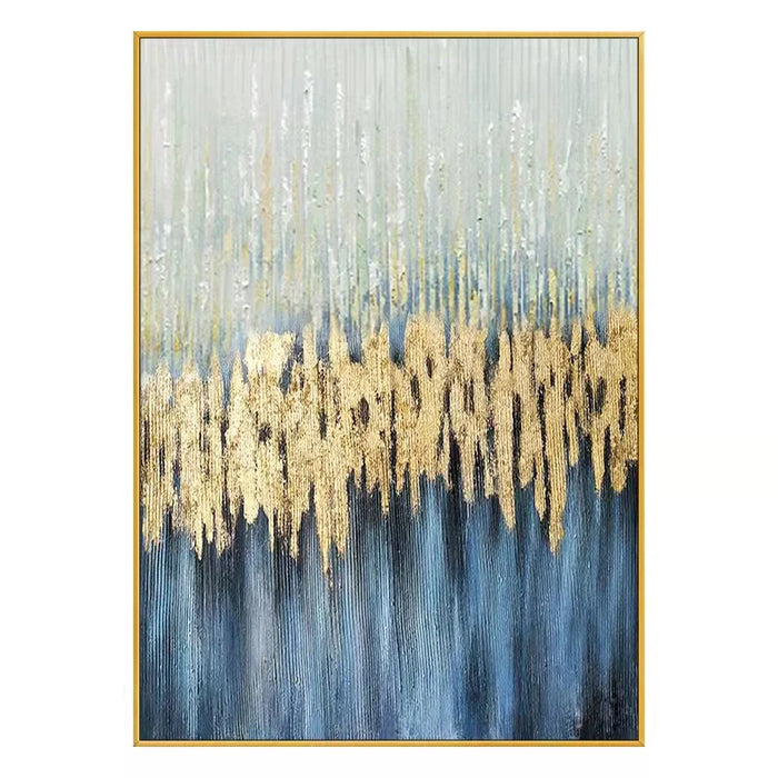 Abstract vertical blue ocean oil painting with gold accents on linen canvas, modern art for a sophisticated living space.