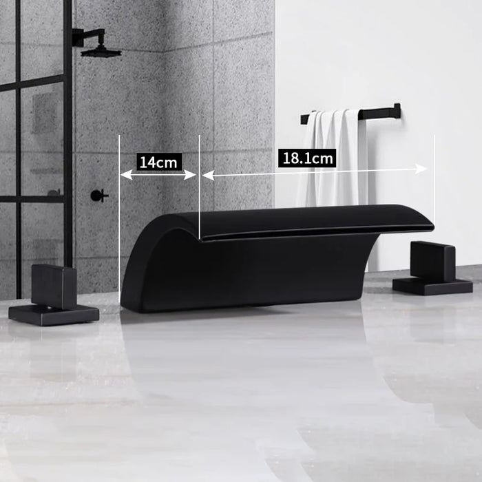 Modern black dual-handle bathtub mixer tap set with dimensions in a contemporary bathroom setting.