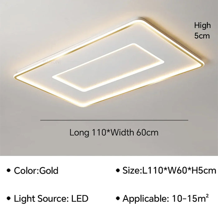 Geometric modern LED ceiling lamp in gold, size 110x60x5 cm, suitable for 10-15m², with energy-efficient LED light source.