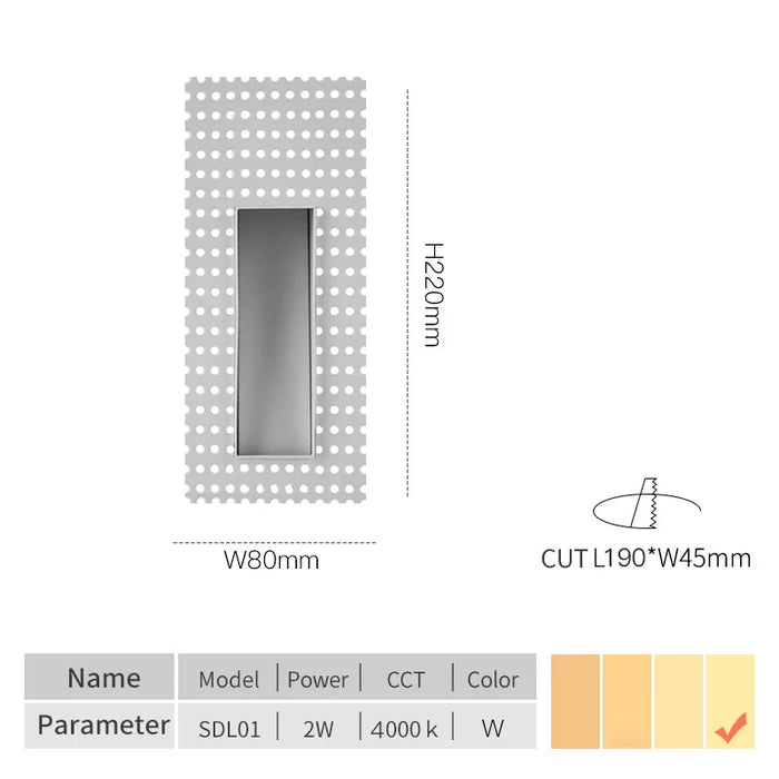 Frameless recessed LED wall lamp dimensions and specifications for stairs, model SDL01, 2W, 4000K color temperature.