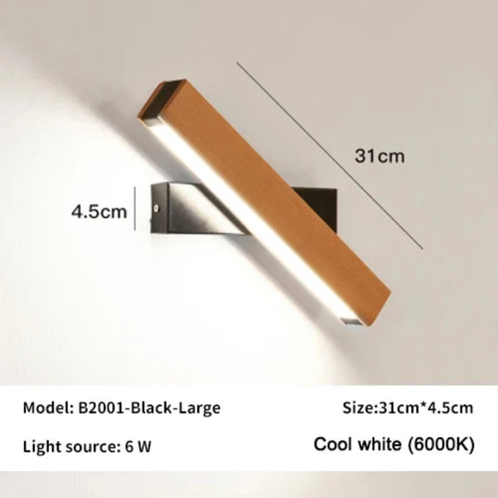 360° Rotatable LED Wall Lamp in cool white, model B2001, size 31cm x 4.5cm, 6W light source, sleek wooden design.