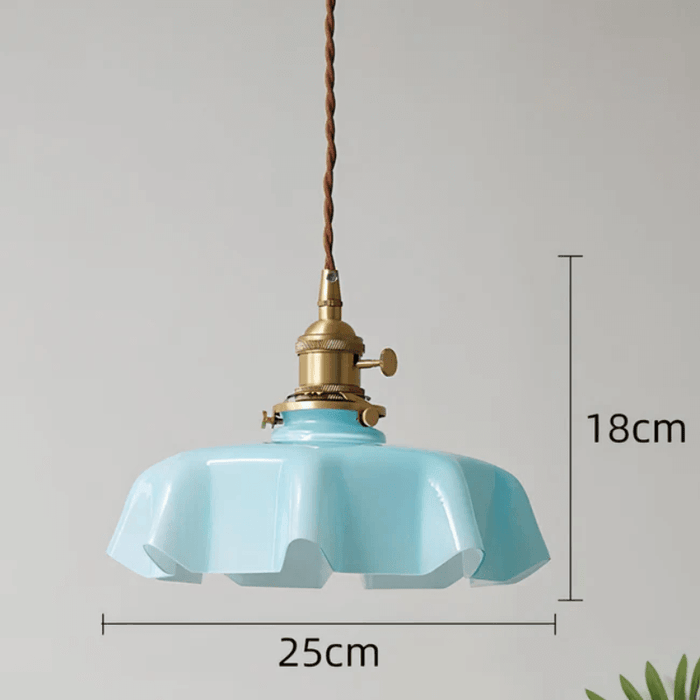 Retro French brass pendant light with blue scalloped shade, measuring 25cm wide and 18cm high, hanging from twisted cord.