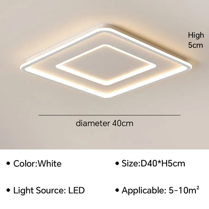 Geometric modern LED ceiling lamp with white finish, 40cm diameter, 5cm height, suitable for 5-10m² areas, LED light source.