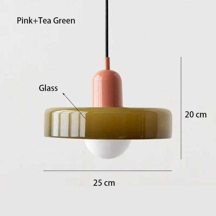 Retro Glass Pendant Light in pink and tea green, dimensions 25 cm wide by 20 cm high, with elegant vintage design.