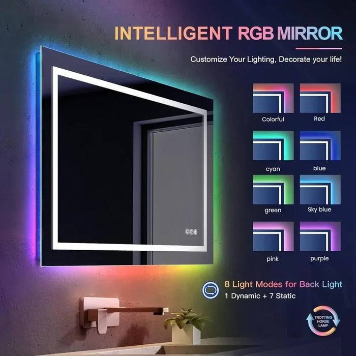 RGB LED vanity mirror with 8 backlight modes and anti-fog feature, showcasing vibrant color options for custom lighting.