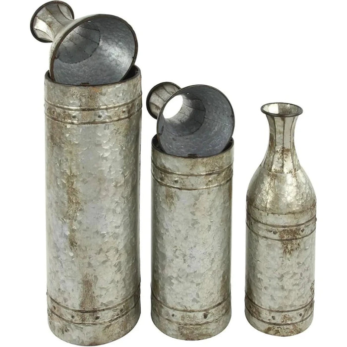 Galvanized Metal Floor Vase Set – Industrial Style with Studs, Set of 3" - HomeComfort365