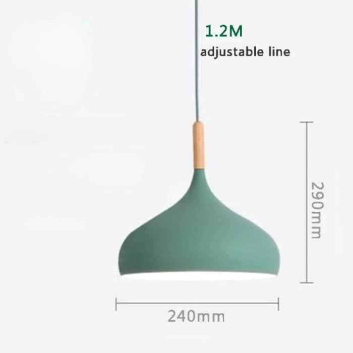 Nordic Teardrop Wood Pendant Light with green shade and adjustable line, ideal for modern Scandinavian interiors